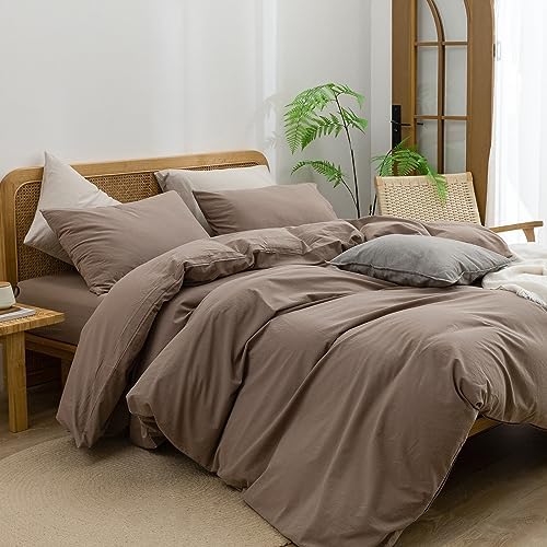 BESTOUCH Cotton Solid Duvet Cover Set Linen Feel Pine Bark Brown Full - Image 5