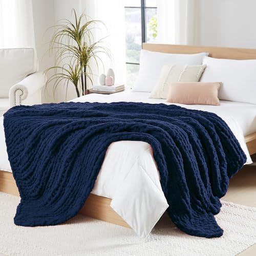 L'AGRATY Chunky Knit Throw Blanket for Couch, 72 x 84 Inches, Dark Blue by LAGRATY