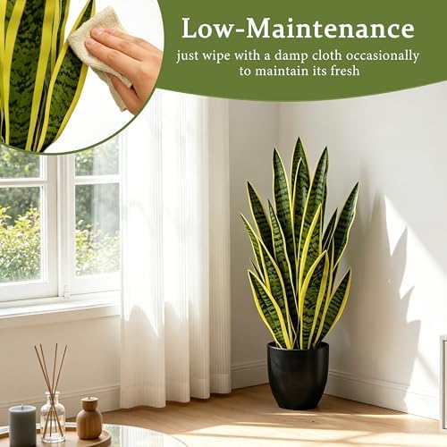 Artificial Snake Plant 2.3FT-2PCS, 27'' Sansevieria Plant with Black Pot, Low Maintenance Mother-in-Law's Tongue for Home Decor Indoor Outdoor, Desk Corner Office Hotel Garden(Yellow-2Pack) - Image 4
