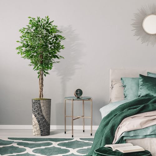 Artificial Tree in Geometric Pattern Planter, Fake Ficus Silk Tree for Indoor and Outdoor Home Decoration - 75" Overall Tall (Plant Pot Plus Tree) - Image 5