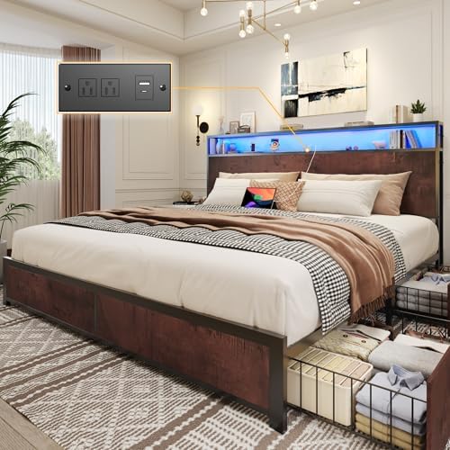 Lifezone King Bed Frame with 2-Tier Storage Headboard, Metal Platform Bed Frame with 4 Storage Drawers, Built in Charging Station & LED, Noise-Free/Metal Support/No Box Spring Needed, Coffee Brown by Lifezone