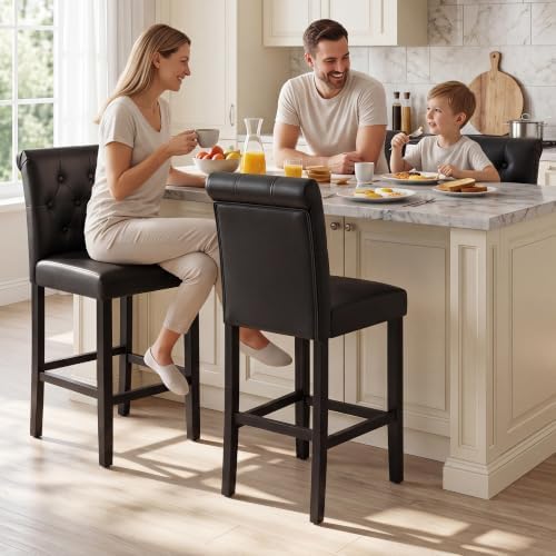 LSSBOUGHT 24 Inches Leather Counter Height Stools Set of 2 with Solid Wood Legs Bar Chairs for Kitchen lsland & Dining Room(Black,2PCS) - Image 6