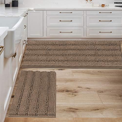 H.VERSAILTEX 2 Piece Bathroom Set - Super Absorbent Chenille Striped Bath Mats, Non Skid, Machine Washable (Taupe Brown, 47 x 17 Plus 17 x 24 - Inches) by HVERSAILTEX