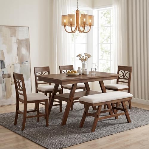 Heavy Solid Wood 6-Piece Counter Height Dining Table Set, Farmhouse Rustic Kitchen Dining Room Table Set with Padded 4 Chairs and Bench, 60 In Triangular Table with Storage Shelf (Walnut-T) by Unknown