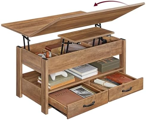 VASAGLE Lift Top Coffee Table, 3 in 1 Center Table with Storage, 2 Drawers by VASAGLEbySONGMICSHOME