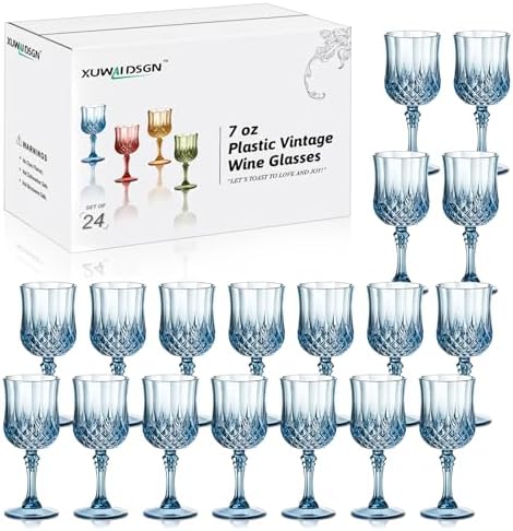 XUWAIDSGN 24Pcs Plastic Vintage Wine Glasses 7oz Reusable Embossed Goblet Glasses Pink Retro Wine Glassware Unbreakable Stemmed Champagne Water Cups for Wine Cocktail Juice Wedding (24, Blue) by XUWAIDSGN