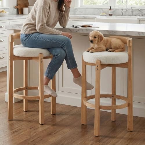 LukeAlon Mid Century Sherpa Bar Stools Set of 2, 30.25" Seat Height Upholstered Barstools with Wood Legs Modern Tall Bar Chair with Curved Low Back Round Footrest for Pub Home Kitchen Island, White by LukeAlon