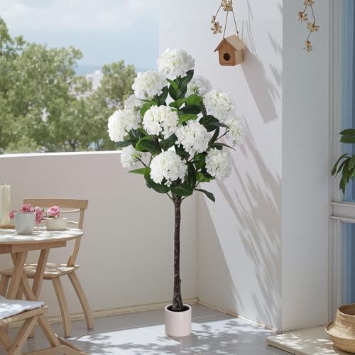 YEPDIN Set of 2 Artificial Hydrangea Tree 5 ft- Large Faux Hydrangea Plants Indoor Outdoor，Fake Flower Trees with White Tall Planter for Home Garden,Front Decor - Image 4