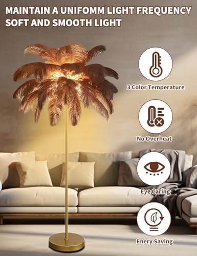 Feather Floor Lamp,Fluffy Ostrich Feather Floor Lamp for Bedroom,3 Color Temperatures Led Corner Modern Floor Lamps for Living Room Christmas Home Decor House Warming Gifts,63″ Height,50 Piece(Brown) - Image 5