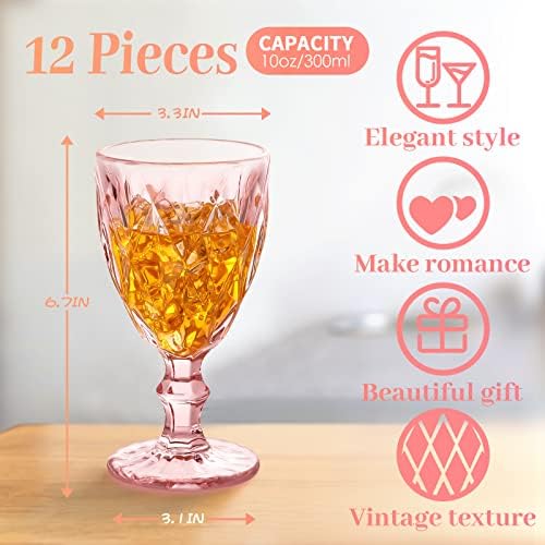 Yinder Glass Goblet Vintage Wine Goblet Embossed Glassware 10 oz Solid Color Glass Stemmed Cups for Iced Tea Beverage Soda Juice Water Liquor and Party Wedding Bars Restaurants(Pink,12 Pack) - Image 2