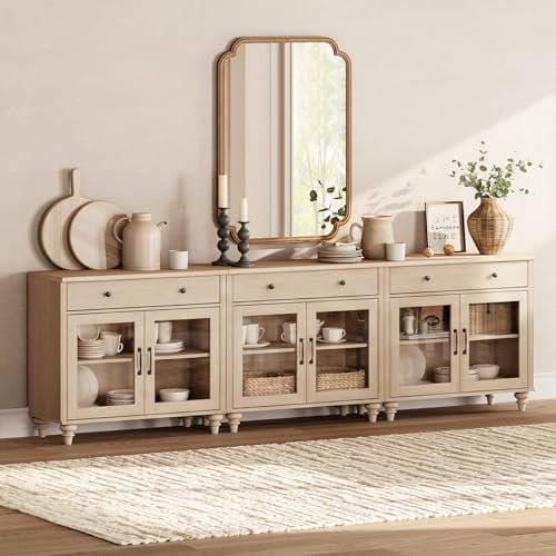 WAMPAT Sideboard Buffet Cabinets with 6 Glass Doors, Large Kitchen Storage Cabinets, Wooden Coffee Bar Tables with Vintage Gourd Leg, Sideboard Credenza Table for Dining Room, Living Room, Beige, 102" - Image 3