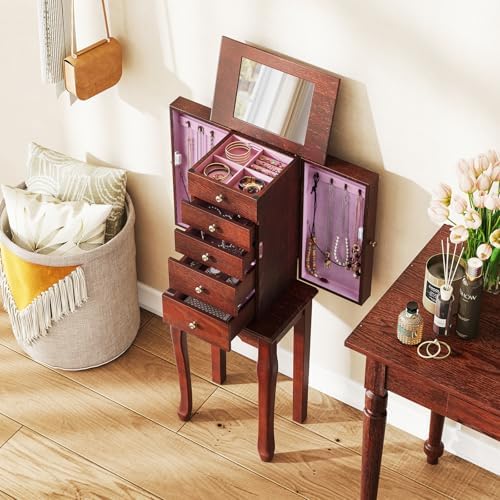 GIANTEX Standing Jewelry Armoire Cabinet with 4 Drawers, Flip Top Mirror, Top Storage Compartments, 2 Side Doors with 8 Necklace Hooks, Freestanding Jewelry Organizer Box Chest (Walnut) - Image 2