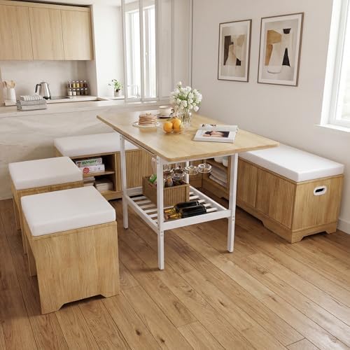 Extendable 6-Piece Breakfast Nook Set with Storage Benches & Stools, Corner Dining Table Set with Wine Glass Holder, Space-Saving Kitchen Table for Indoor/Outdoor Use by MOMOKOVA