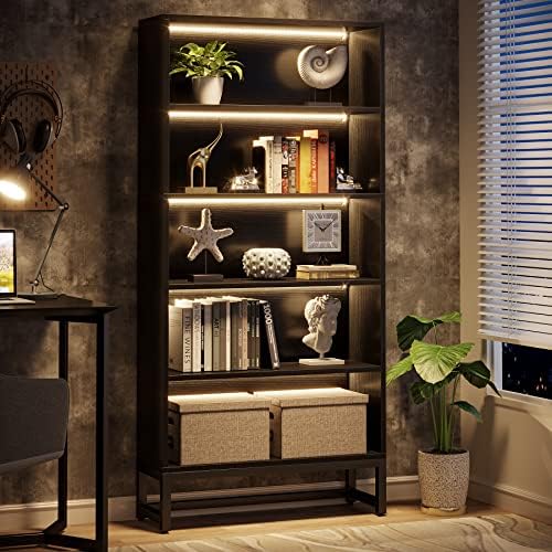 Tribesigns Tall Bookcase Black Bookshelf, 70.8” Large Bookcases Organizer with LED Lights, Heavy Duty Free-Standing Library Bookshelf with 5-Tier Storage Shelves for Living Room, Bedroom (Black) by Tribesigns