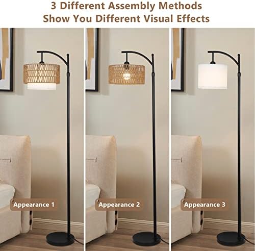 Arc Floor Lamp for Living Room with 3 Color Temperatures, Farmhouse Floor Lamps with Remote & Dimmable Bulb, Boho Standing Lamp with Rattan & Fabric Shades, Adjustable Tall Lamp for Bedroom, Office - Image 5