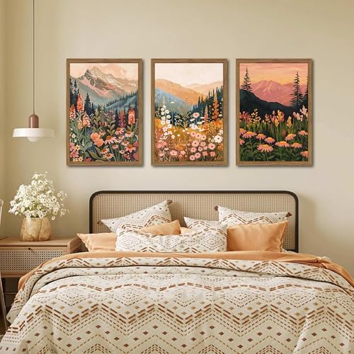 Boho Colorful Landscape Wall Art Set of 3, Vintage Wildflower Mountain Canvas Wall Decor Paintings, Rustic Nature Floral Pictures Prints for Living Room Bedroom 12x16 Inch Wood Framed - Image 5