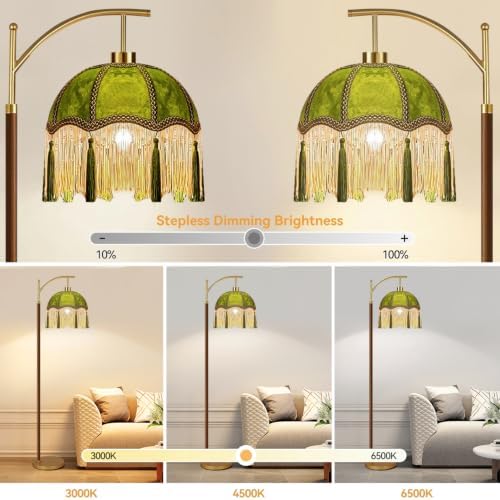 Green Floor Lamp for Living Room,Bedroom,Fringe Standing Lamp with Remote Dimmable, Victorian Mid Century Gold Arc Tall Lamp Boho Vintage Retro Wood Tassel Flower Unique Lamp Tiffany Decor - Image 2