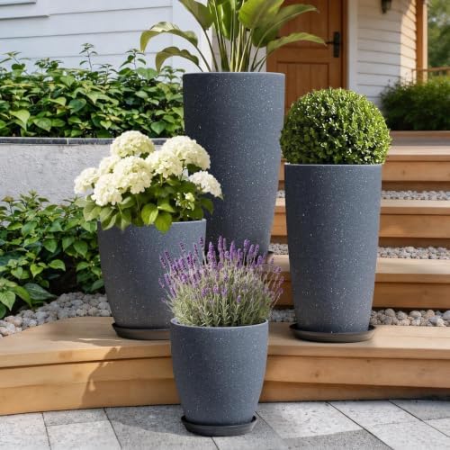 ZMTECH 4 Pack Plastic Planters 21/18/12/10in, Indoor Outdoor Round Planter for Porch, Large Plant Pot with Drainage Hole for Home Garden Front Door, Modern Decorative Pots for Plants (Dark Gray) - Image 6