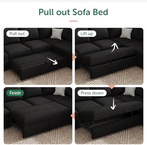 HONBAY Modular Sectional Sleeper Sofa Bed, with Pull Out Bed, Linen Convertible Sectional Couches for Living Room - Black - Image 4
