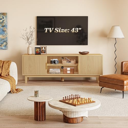 PRAISUN 54 Inch Fluted TV Stand for TVs Up to 55, 60 Inch, Mid Century Modern Entertainment Center with Storage, TV Console with Adjustable Shelves, Midea Console for Living Room Bedroom, Beige - Image 2