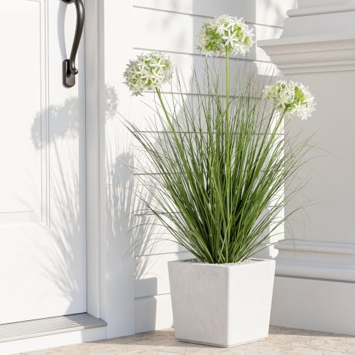 Ttranewsoo Artificial Grass Plant with White Flowers, 35.4 Inch Tall Faux Potted Plant, UV Resistant Greenery for Indoor and Sheltered Outdoor Floor Decor, 1 Pack - Image 2