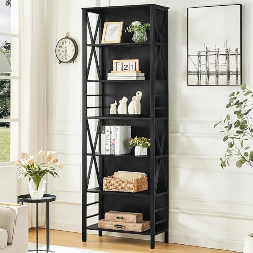 HOMISSUE Bookshelf, 7-Tier Bookshelf, Rustic Wood Metal Bookshelves and Bookcases, Freestanding Open Bookshelf, Industrial Tall Bookcase for Home Office, Living Room and Bedroom, Black - Image 7