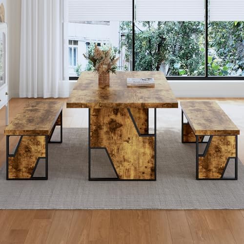 HIPIHOM 70.8" Wooden Dining Table with 2 Benches Kitchen Table and Chairs - Image 3