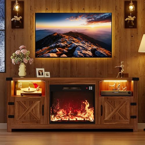 YESHOMY 58 Inch LED Fireplace TV Stand for TVs up to 65 Inch, Walnut by SearchallYESHOMY