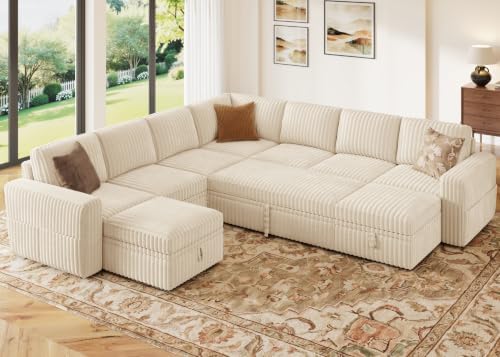 HONBAY Modular Sectional Sleeper Sofa with Pull Out Bed Oversized Corduroy L Shaped Sofa Bed with Storage Couches for Living Room,Beige by HONBAY