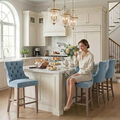 SoarFlash Modern Velvet Upholstered Bar Stools Set of 4 with Wood Legs, Button Tufted,Chrome Nailhead, Counterstool Seat, Armless Bar Chairs (Sky-Blue) - Image 3