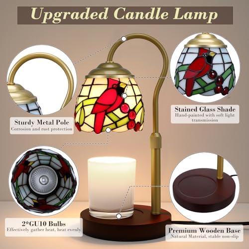 Candle Warmer Lamp with Timer Dimmer, Adjustable Height Candle Warmer for Jar Candles, Birthday Gifts for Women New Home Bedroom Decor Tiffany Red Cardinal Style Stained Glass with 2 Bulbs - Image 4