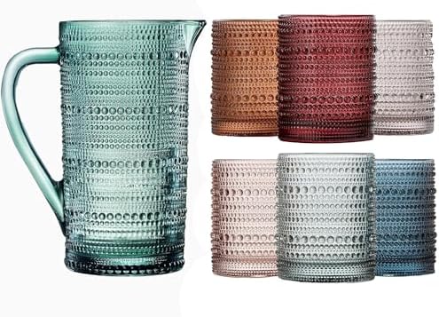 Khen Hobnail Beaded Pitcher & Tumbler Glasses Set | Set of 6 Glasses & Carafe| Vintage 11 OZ Lowball & 2.4 Litter Glass Muted Bubble Design, Old-Fashioned, Embossed Design - Water, Wine, Cocktail by Khen