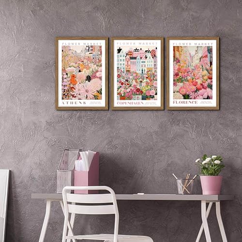Floral Wall Art Set of 3, Colorful Flower Market Canvas Wall Decor Paintings, Pink Wildflower Botanical Posters Prints Pictures Artwork for Bedroom Living Room 16x24 Inch Wood Framed - Image 6