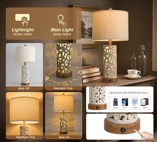 OYEARS 22'' Table Lamp Set of 2 for Living Room,Farmhouse Lamp for for Bedroom,Vintage Retro Bedside Lamps with USB Ports Linen Shade for Home Office (Brown, Bulb Included) - Image 3