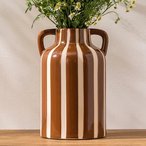 Ceramic Flower Vase with Handles, Modern Brown Striped Decorative Vase for Home Decor, 9.1" Art Floral Tall Flower Vases for Living Room & Kitchen, Mantel & Bookshelf, Centerpieces, Entryway by SUREYUESI