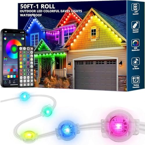 50FT Permanent Outdoor RGB Lights,Waterproof Smart LED Eaves Lights with App/Remote Control,for Christmas and All Holiday Decor,Daily and Accent Lighting,House Roof and Garden Lighting by Sxlofty