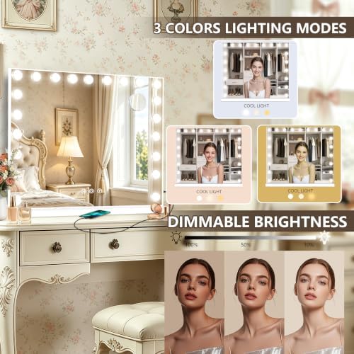 Ratsamee Hollywood Vanity Mirror with Lights, 21 Dimmable Bulbs, 3 Color Lights,Make Up Lighted Mirror, Aluminum Metal Frame, USB Charging Port（40" x 30"） - Image 3