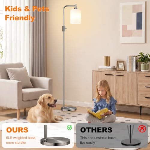 【Upgraded】 Dimmable Floor Lamp for Living Room with Opal Glass Lampshade, Brushed Nickel Modern Floor Lamp with 900LM LED Bulb Included, Standing Tall Lamp for Bedroom, Office, Reading Room, Corner - Image 5