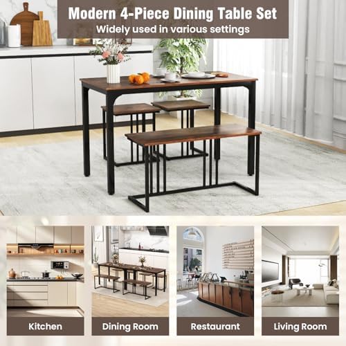 Giantex 4-Piece Dining Table Set for 4, Modern Kitchen Table and Chairs, Nesting Furniture Set with Bench & 2 Stools, Space-Saving Desk Set, Dinette Set for Small Place, Dining Room Restaurant (Brown) - Image 6