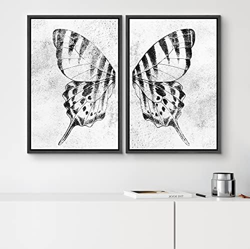 SIGNWIN Framed Canvas Print Wall Art Set Black & White Monarch Butterfly Wing Insect Nature Wilderness Illustrations Modern Art Rustic Relax/Calm for Living Room, Bedroom, Office - 16"" x24 x2 Black - Image 2