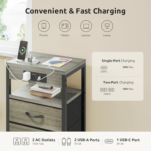 Lazzanto Night Stand with Charger Station, 4 Fabric Drawers, Grey - Image 4