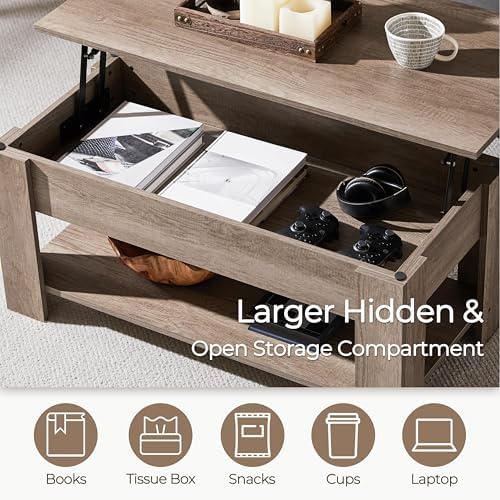 Yaheetech Lift Top Coffee Table with Hidden Storage & Shelf, Gray, 38.6" - Image 5