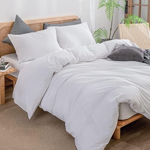 BESTOUCH Cotton Solid Duvet Cover Set Linen Feel Bright White Queen - Image 5