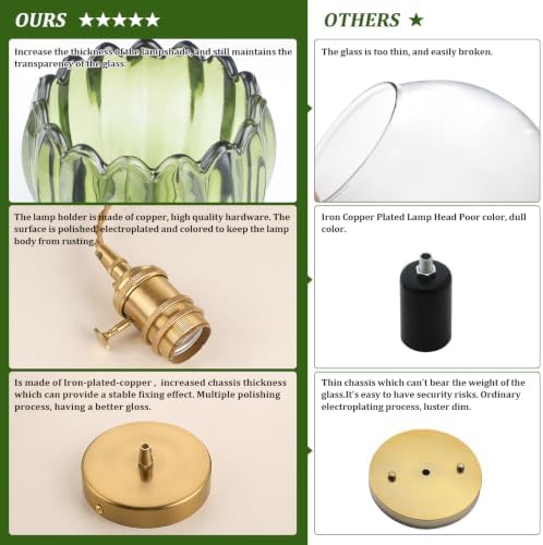 Shenmoyl Pendant Light 2 Pack with Green Tulip Glass Lmapshade, Brass Vintage Pendant Light Adjustable Hanging Light for Kitchen Island Dining Room Hallway - Image 6