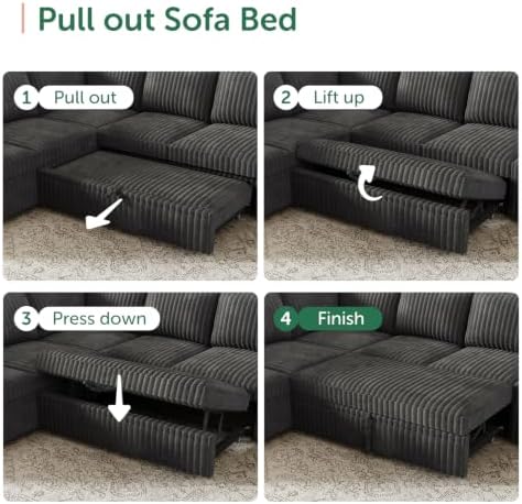 HONBAY Modular Sectional Sleeper Sofa with Pull Out Bed Oversized Corduroy L Shaped Sofa Bed with Storage Couches for Living Room,Dark Grey - Image 5