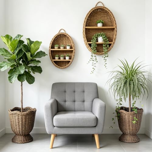 Rattan Planter, Woven Planter Basket for Plants Indoor Outdoor, Rattan Flower Pot, Decorative Plant Holder Basket for Garden Patio Boho Home Decor(Brown&Scalloped-Small:11.81" H x 9.84" W) - Image 6