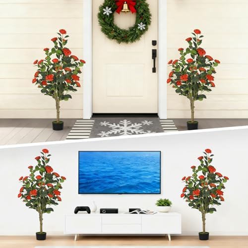 2-Pack 4FT Artificial Camellia Tree,Realistic Fake Potted Plants with Flowers&Planters,Indoor/Outdoor Faux Flowering Trees for Home,Office,Porch,Wedding,and Housewarming Gift Decor,Red - Image 5