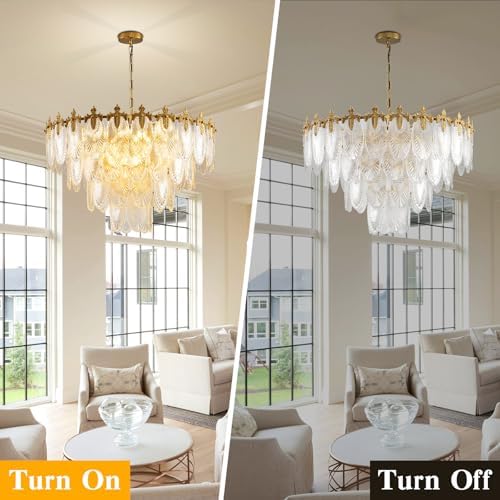 KELUOLY Modern Large Crystal Chandelier, 4-Layer Gold Glass Chandelier, 12 Light Round Antique Ceiling Pendant Light, 31.5 Inchs Adjustable Height for Foyer, Living Room, Bedroom, Dining Room - Image 5