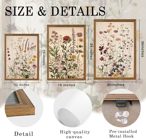 AVECCO 3 Piece Vintage Wildflower Botanical Framed Canvas Wall Art 20x30 in - Image 6