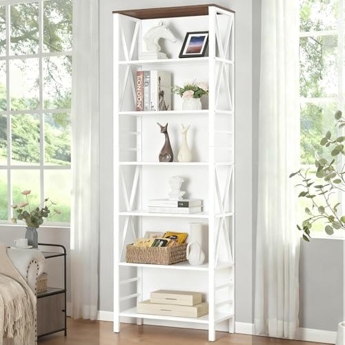 HOMISSUE Bookshelf, 7-Tier Bookshelf, Rustic Wood Metal Bookshelves and Bookcases, Freestanding Open Bookshelf, Industrial Tall Bookcase for Home Office, Living Room and Bedroom, White - Image 3